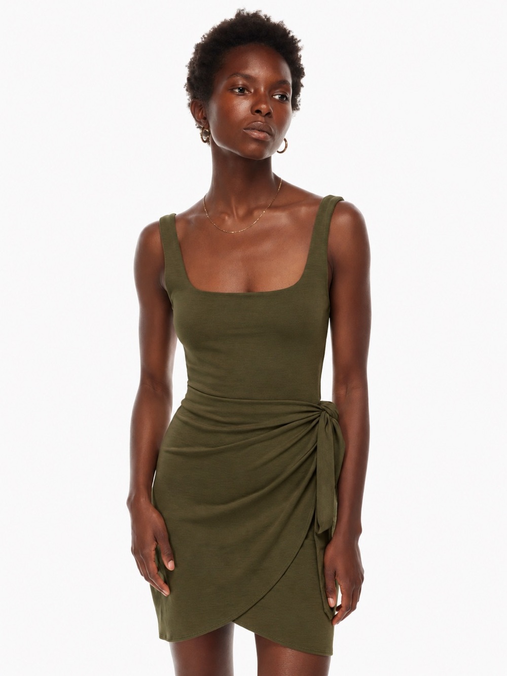 Wilfred Aritzia Olive Green Saturn Side Tie Wrap Mini Dress Size S